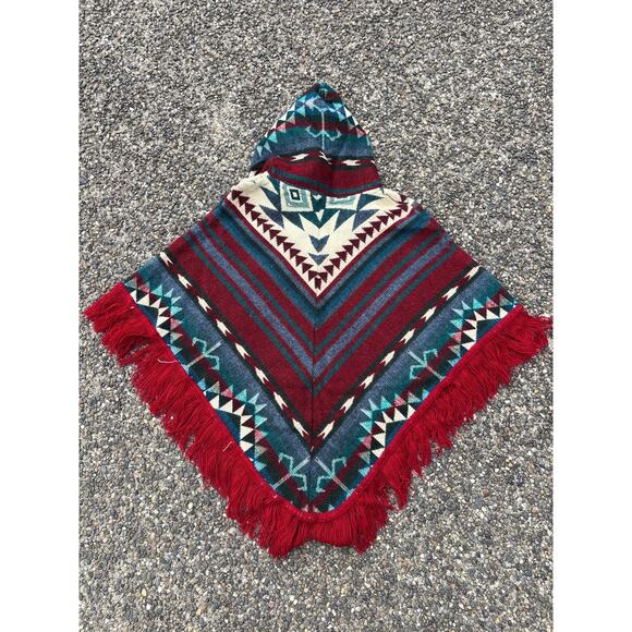 Boho native Aztec poncho youth, blue green, red fringe - Picture 4 of 5